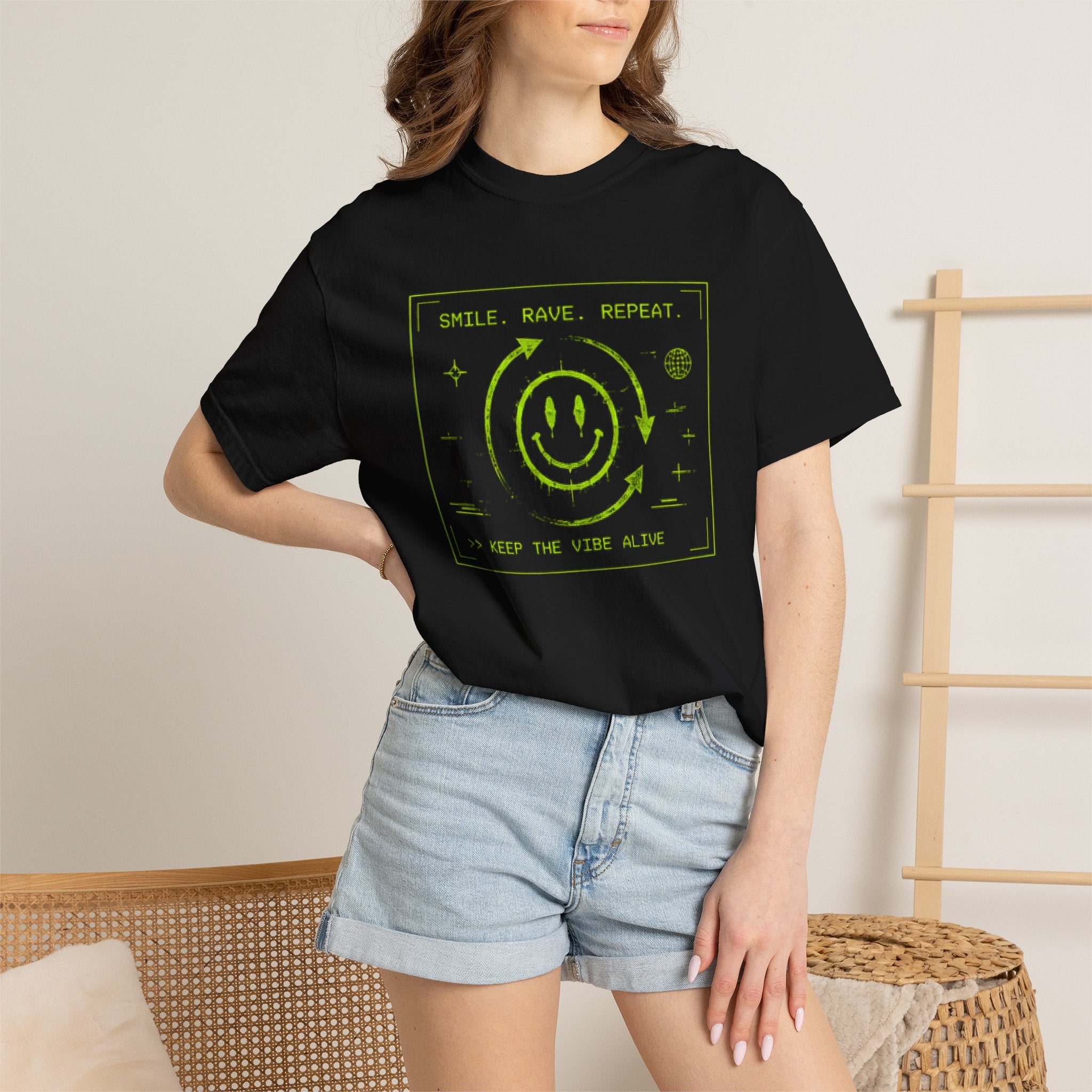 Rave Smile Tee — "Smile. Rave. Repeat." Neon Smiley Graphic T-Shirt