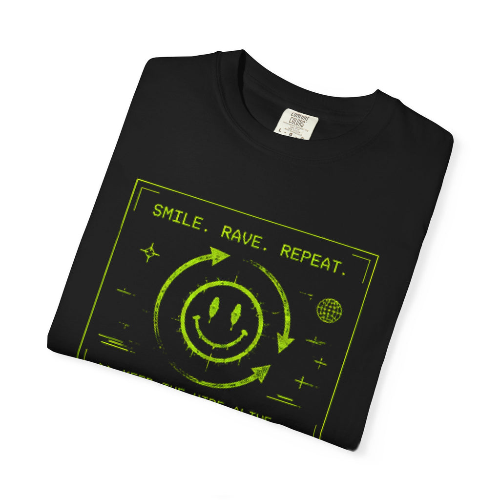 Rave Smile Tee — "Smile. Rave. Repeat." Neon Smiley Graphic T-Shirt