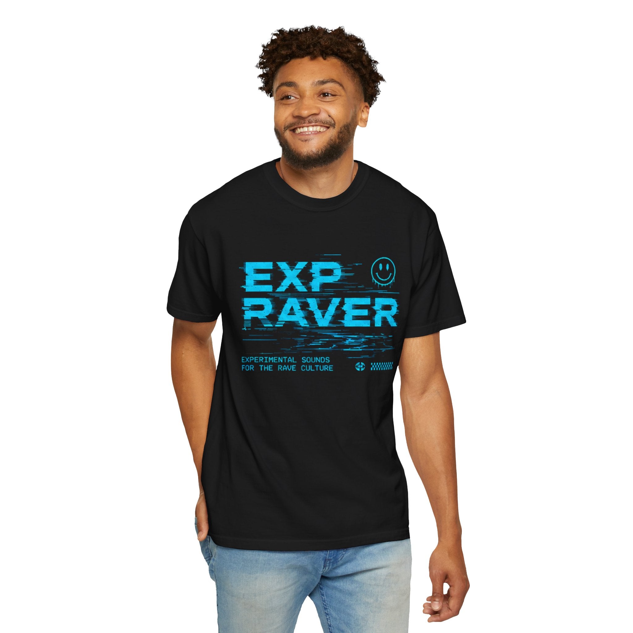 Exp Raver Drum & Bass T-Shirt — Glitchy Blue Rave Graphic Tee