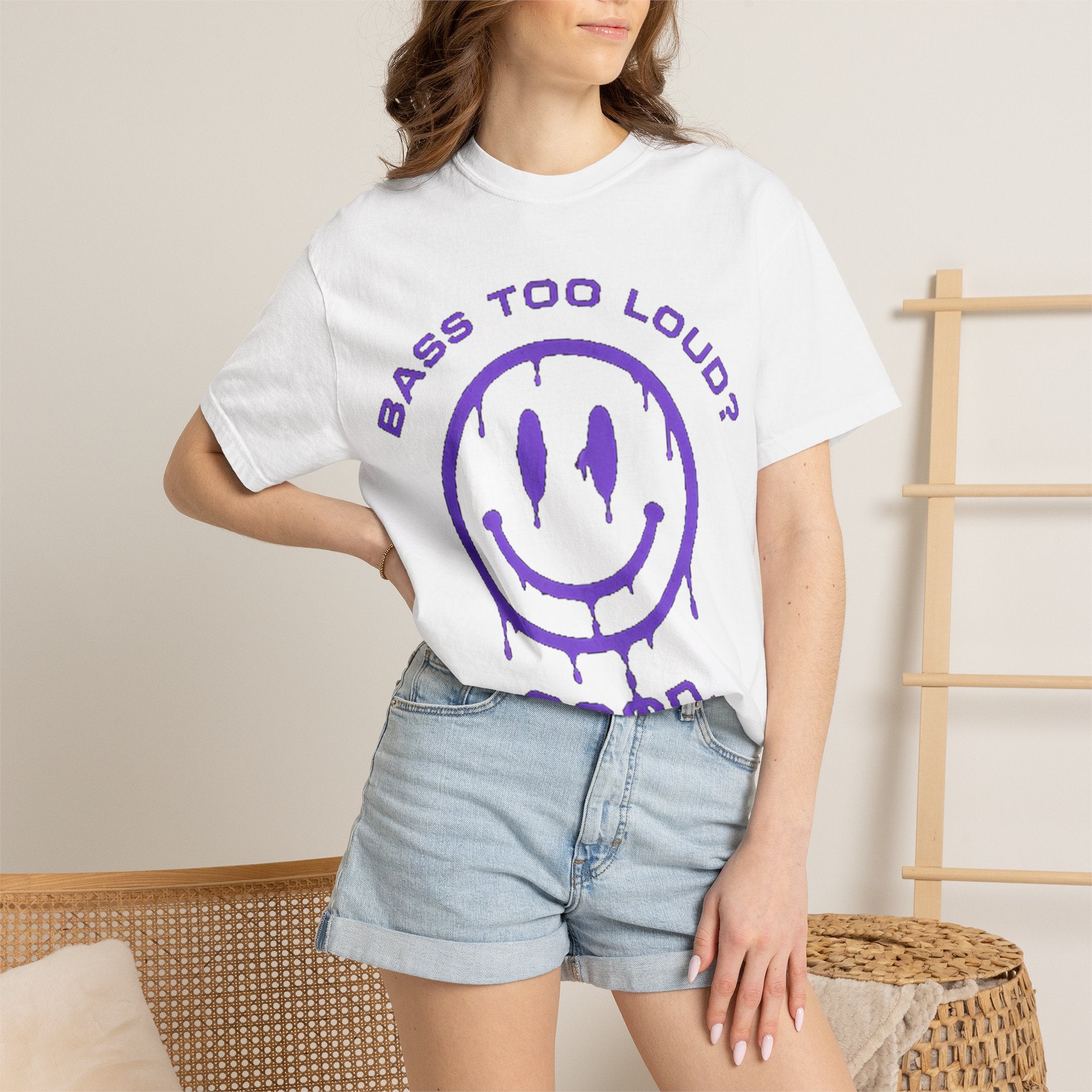Bass Too Loud? Good. T-Shirt — Dripping Smiley Graphic Tee for Music Fans