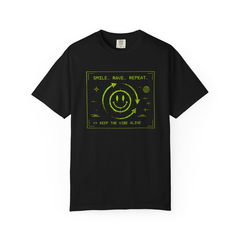 Rave Smile Tee — "Smile. Rave. Repeat." Neon Smiley Graphic T-Shirt